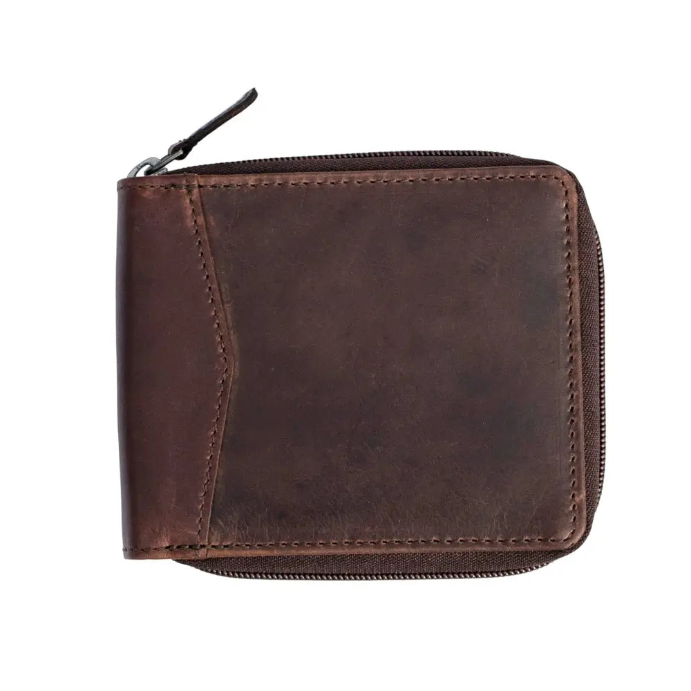 Front view of the brown men’s RFID zip-around oily pull up leather wallet showcasing its rich texture and classic design.