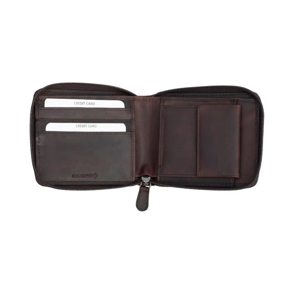 Organised view of the brown RFID zip-around leather wallet neatly arranged with cards, notes, and coins to show its capacity.