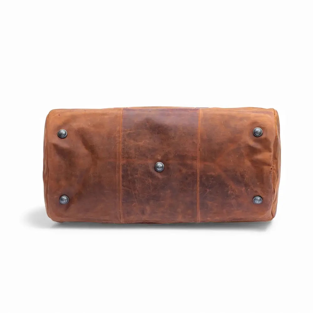 Back view of the Hunter Leather Holdall in Vintage Tan showing the smooth leather finish.