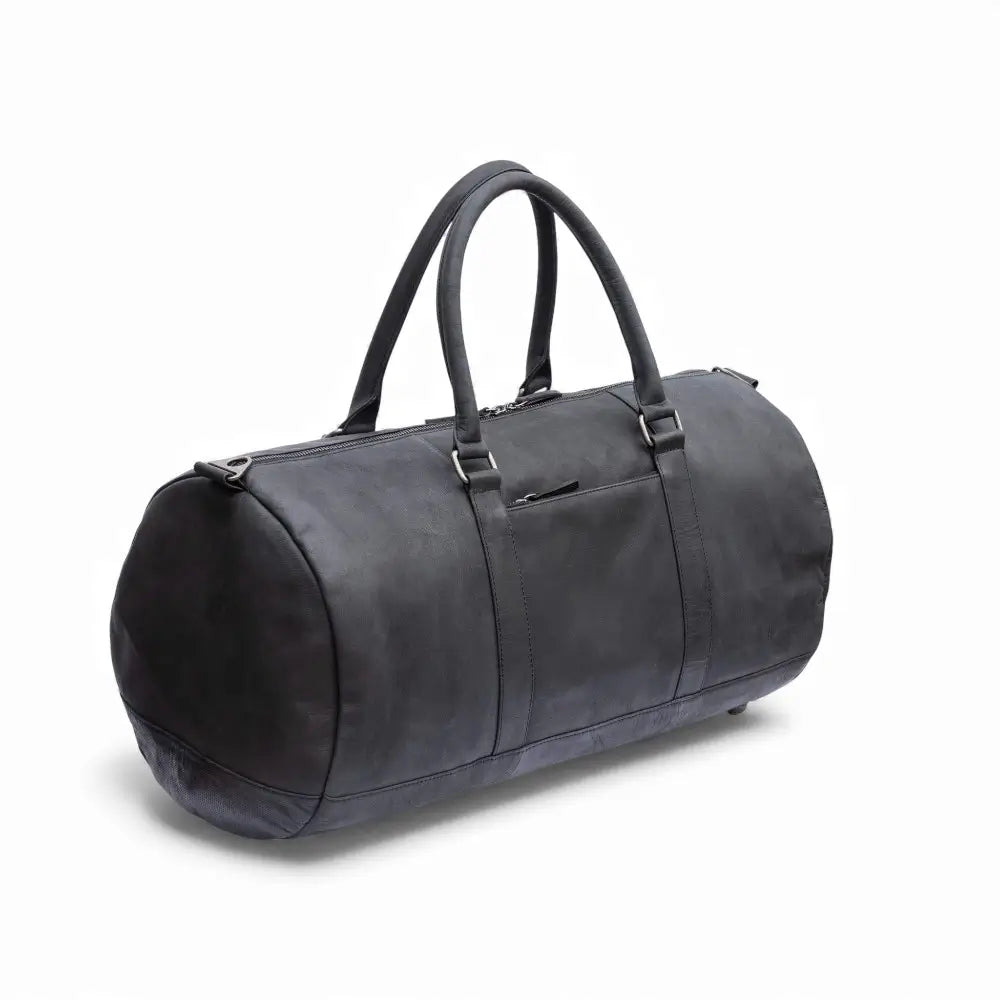 Side view of the Columbus Black Leather Holdall with detachable, adjustable shoulder strap.