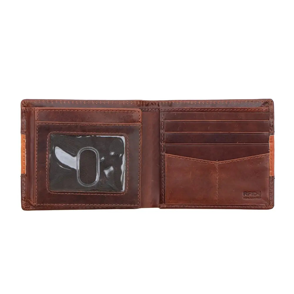 Columbia RFID Trifold Leather Wallet showing one ID window and several card slots.