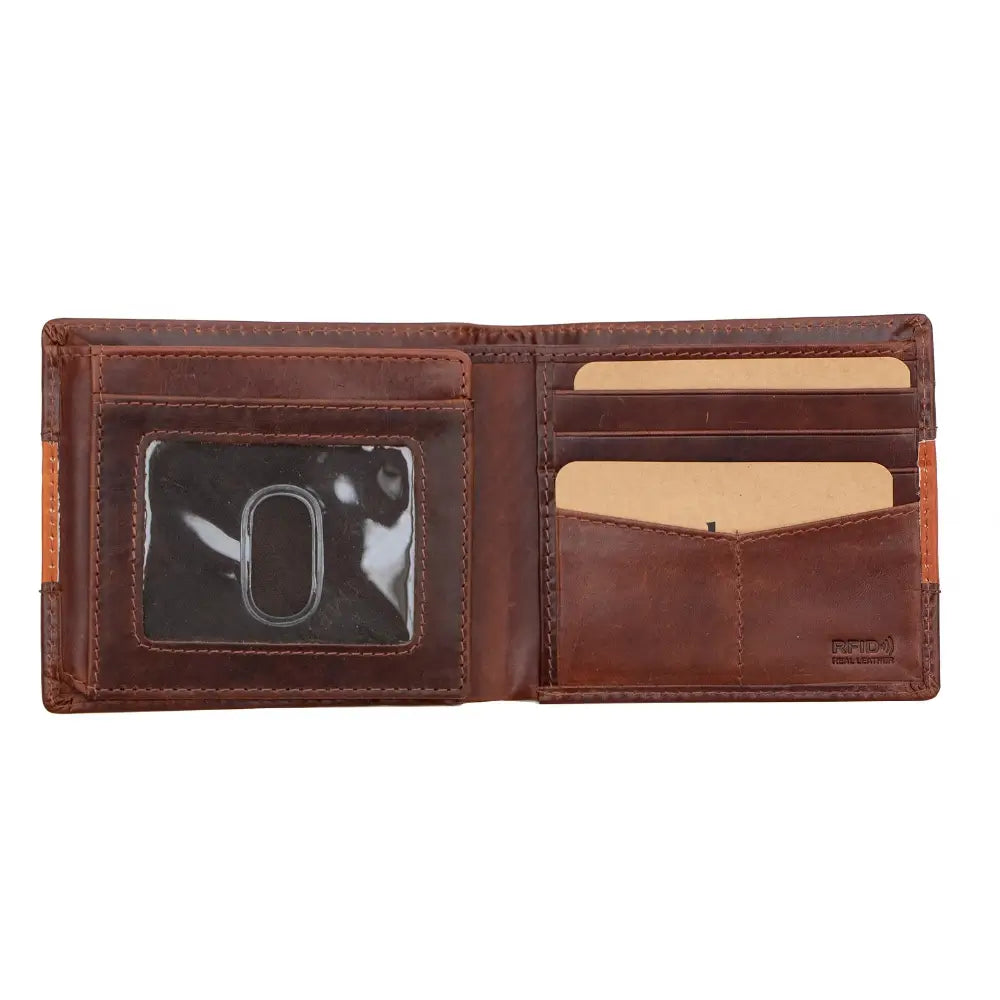 Front exterior of the Columbia RFID Trifold Leather Wallet featuring a two-tone brown leather design.