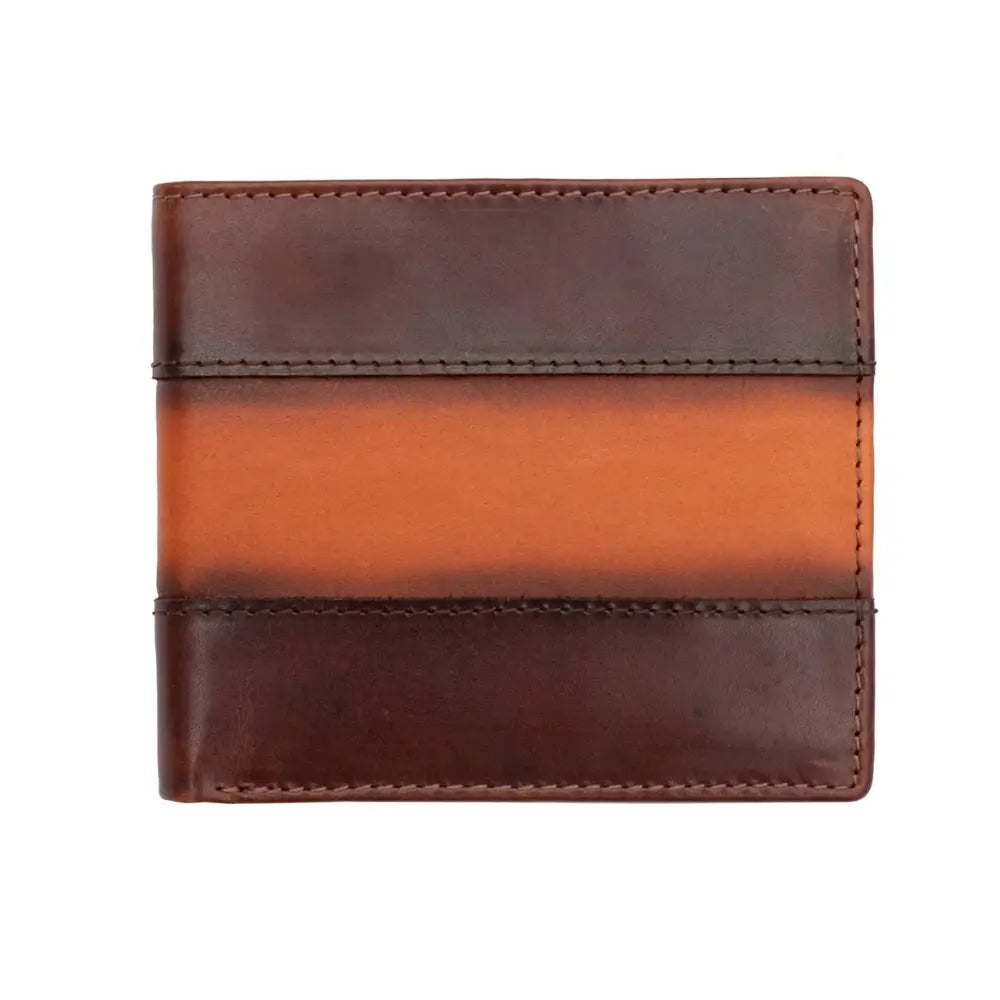 Front exterior of the Columbia RFID Trifold Leather Wallet featuring a two-tone brown leather design.