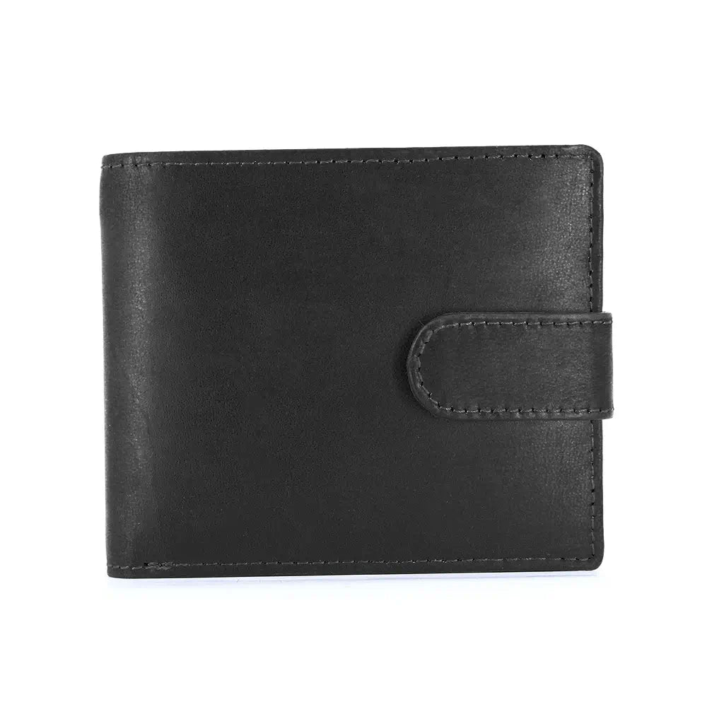 Black oil pull-up leather wallet with a button-tab closure, shown in a clean front-facing view.