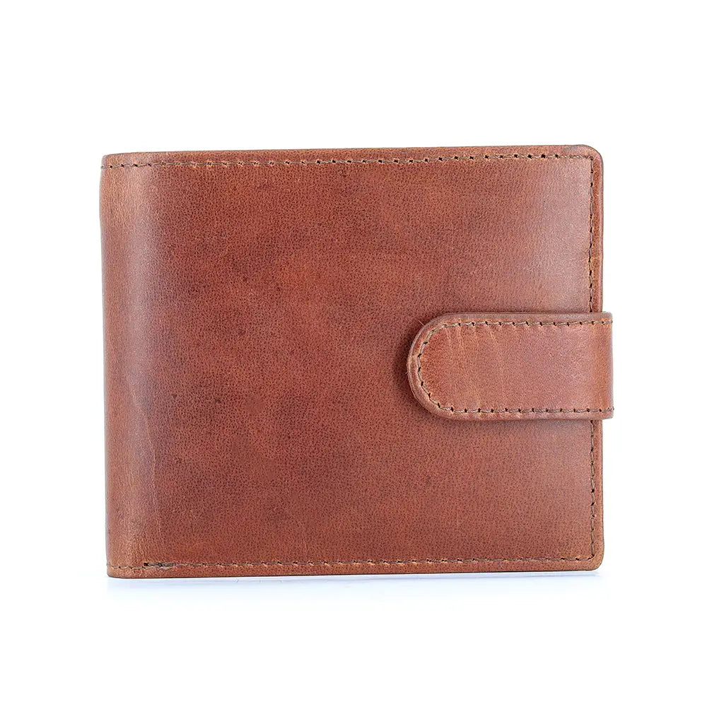 Cognac oil pull-up leather wallet with a button-tab closure, displayed in a front-facing view.