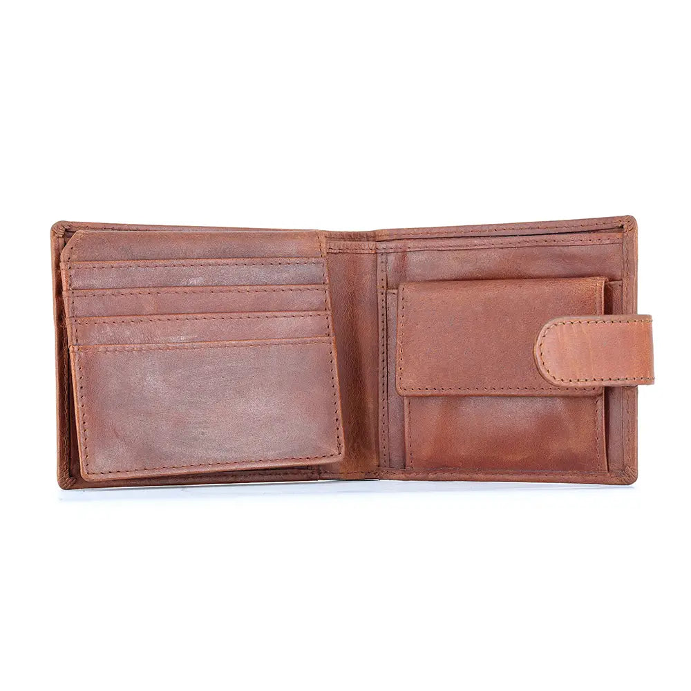 Open cognac leather wallet showing card slots, note compartments and an internal coin pocket.
