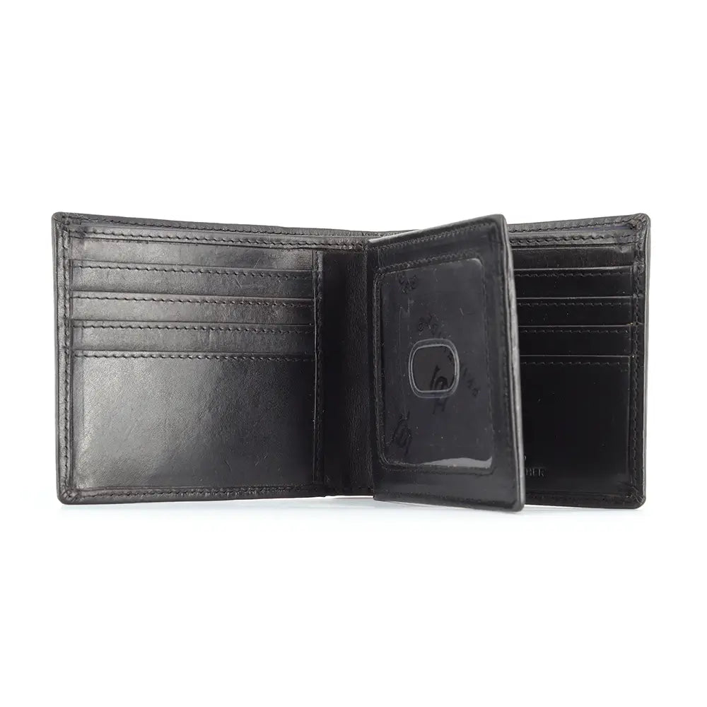 Open black leather cardholder wallet displaying multiple card slots and a clear ID window.