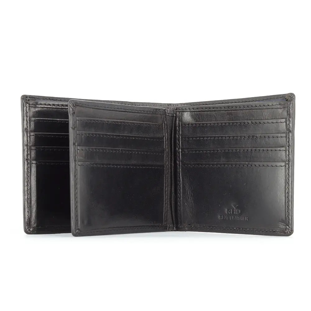 Interior of the black oil pull-up leather wallet showing 12 card slots and a full-length note section.