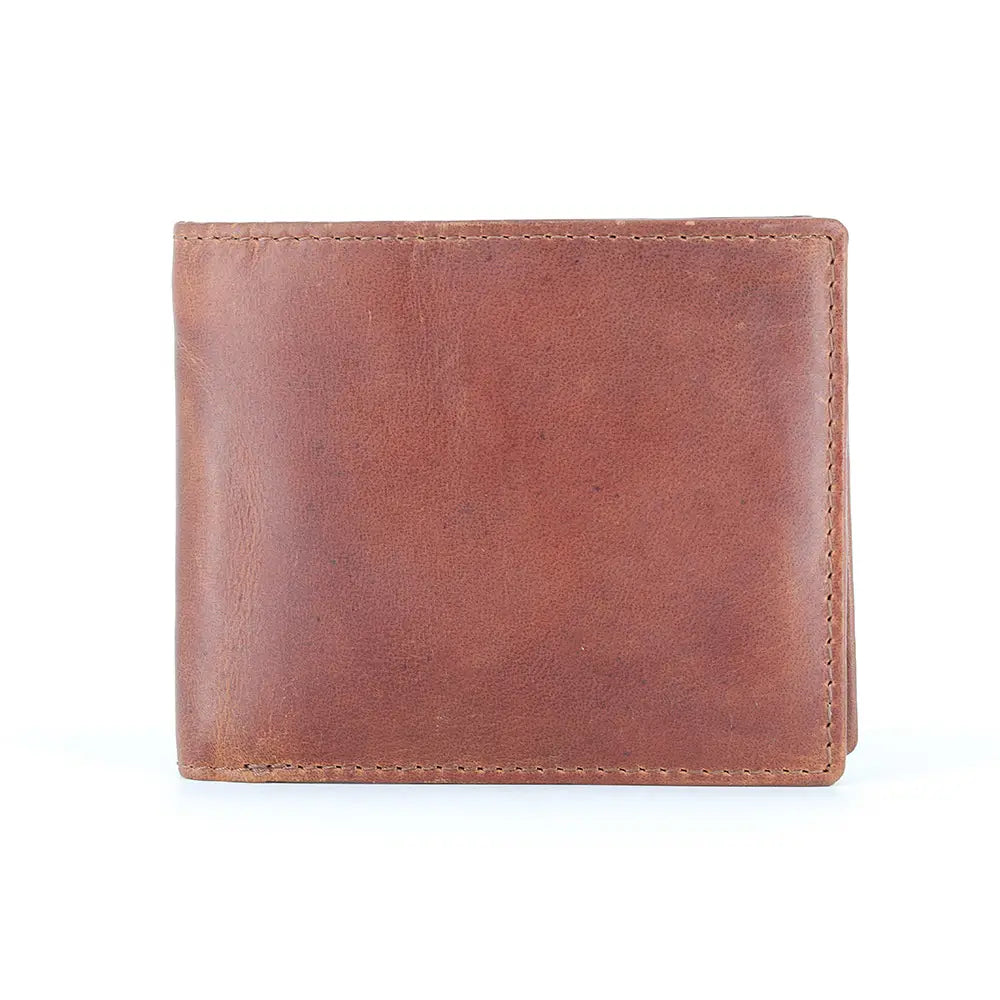 Cognac oil pull-up leather cardholder wallet in a slim bifold shape, shown from the front.