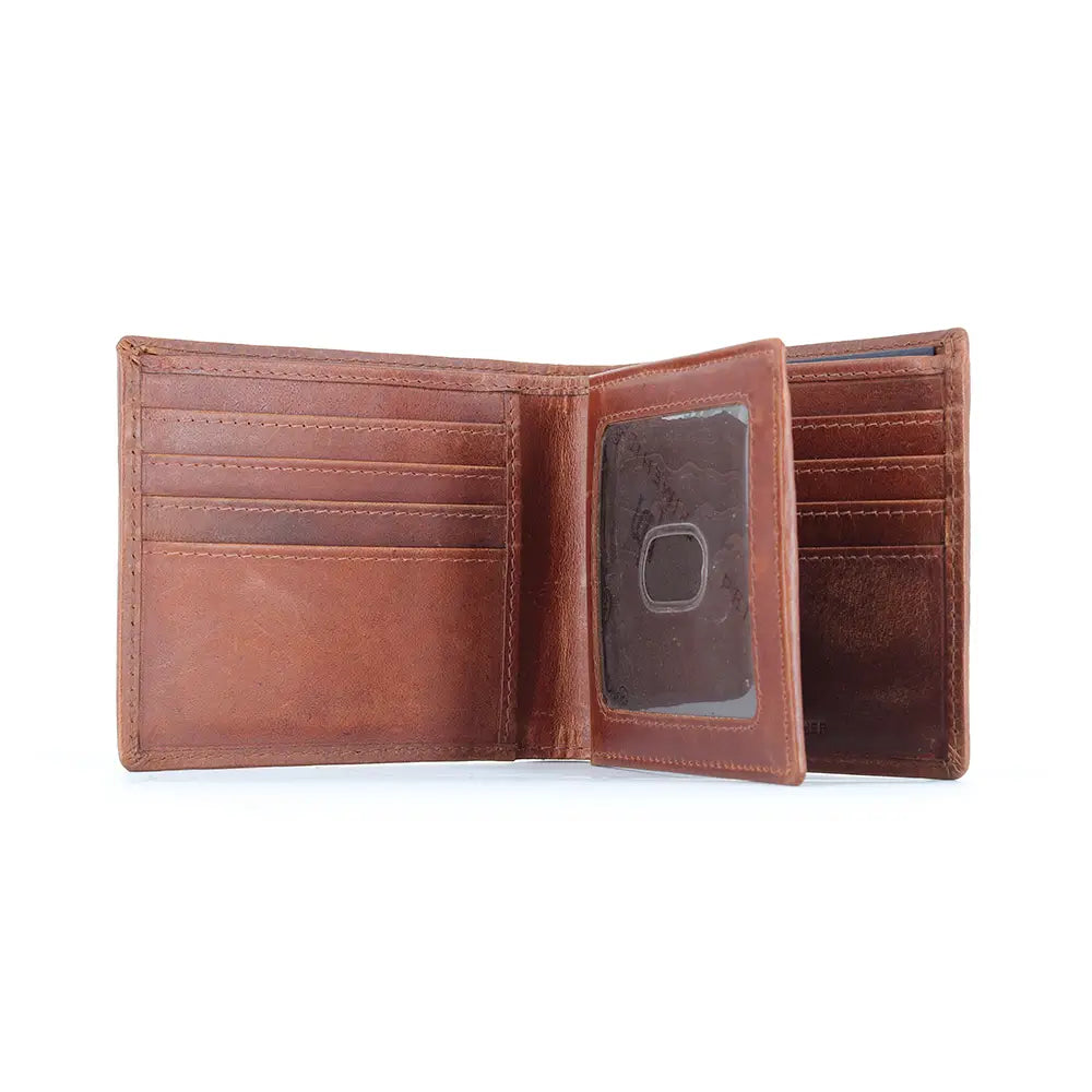 Open cognac leather wallet featuring a clear ID window and multiple card slots.