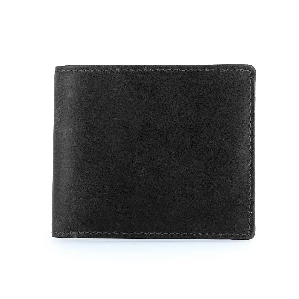 Black oil pull-up leather bifold cardholder wallet shown in a clean front-facing view.