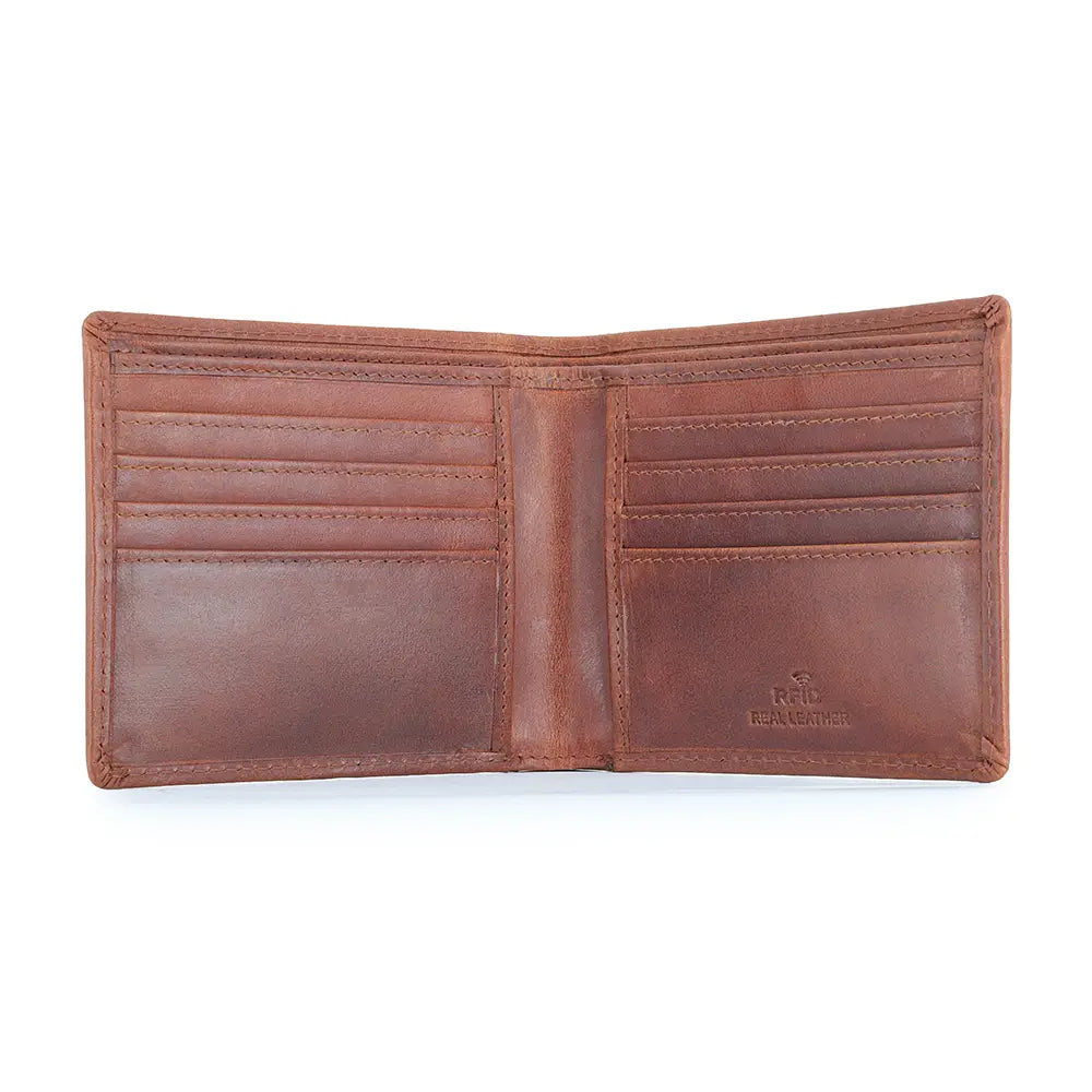 Open cognac leather bifold cardholder wallet displaying eight card slots and a full-width note compartment.
