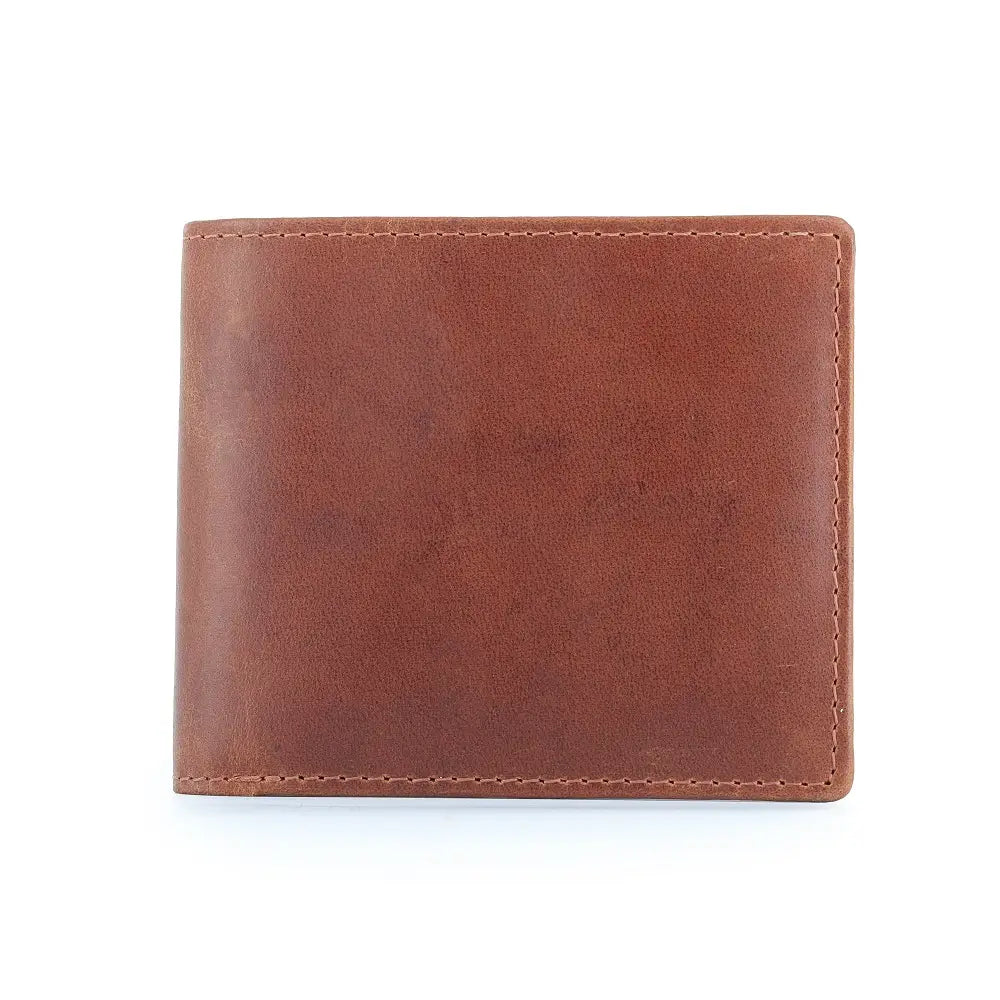 Cognac oil pull-up leather bifold cardholder wallet shown from the front.