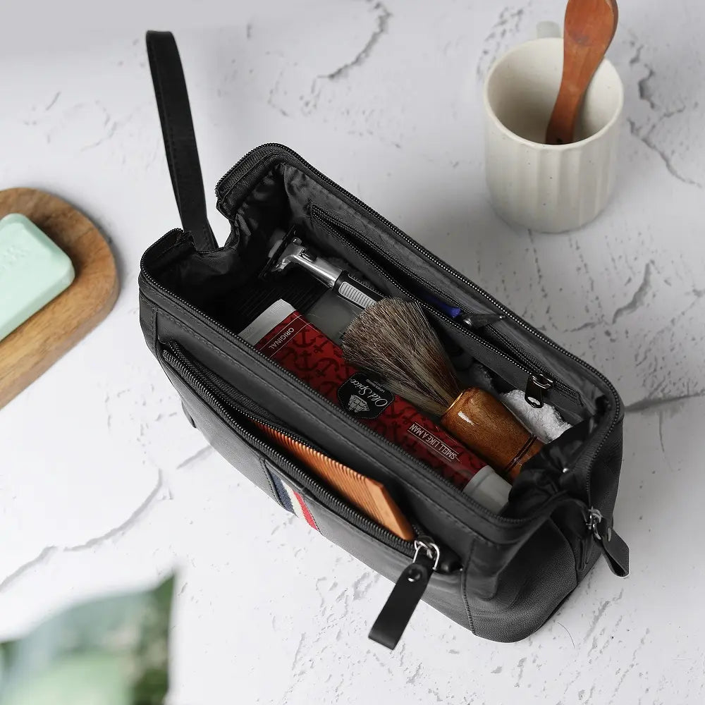 Mens Leather Wash Bag Texan Black-3