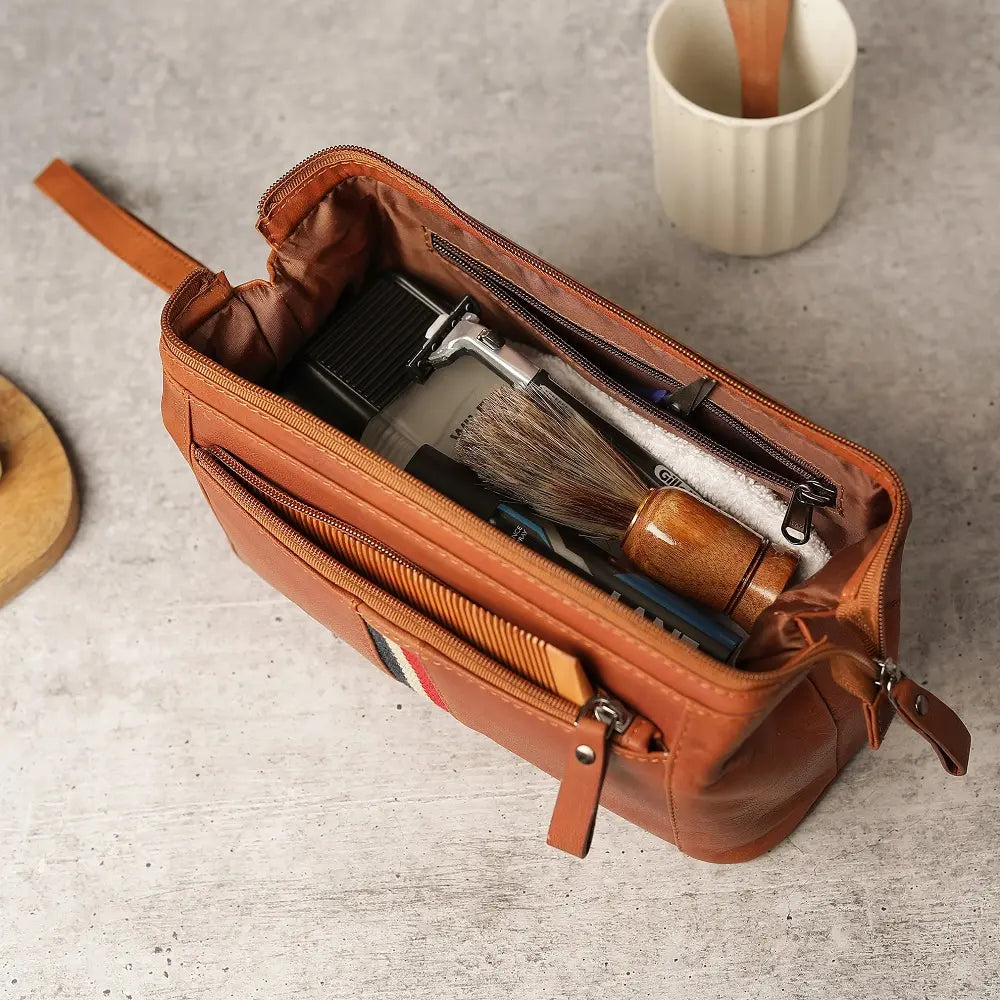 Mens Leather Wash Bag Texan Light Brown-4