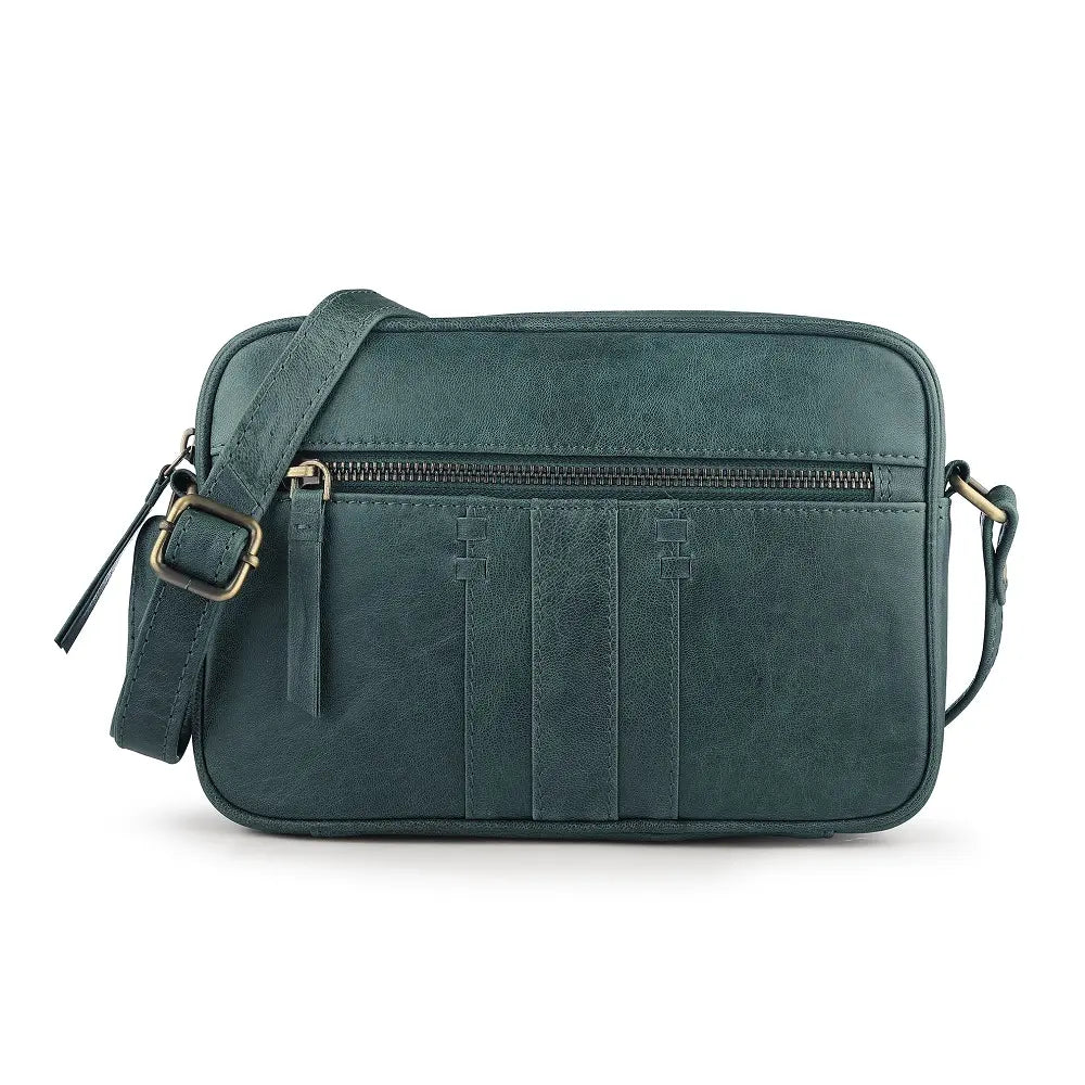 Front view of the green leather small crossbody bag on a white background, highlighting its front zipped pocket and detailed stitching.