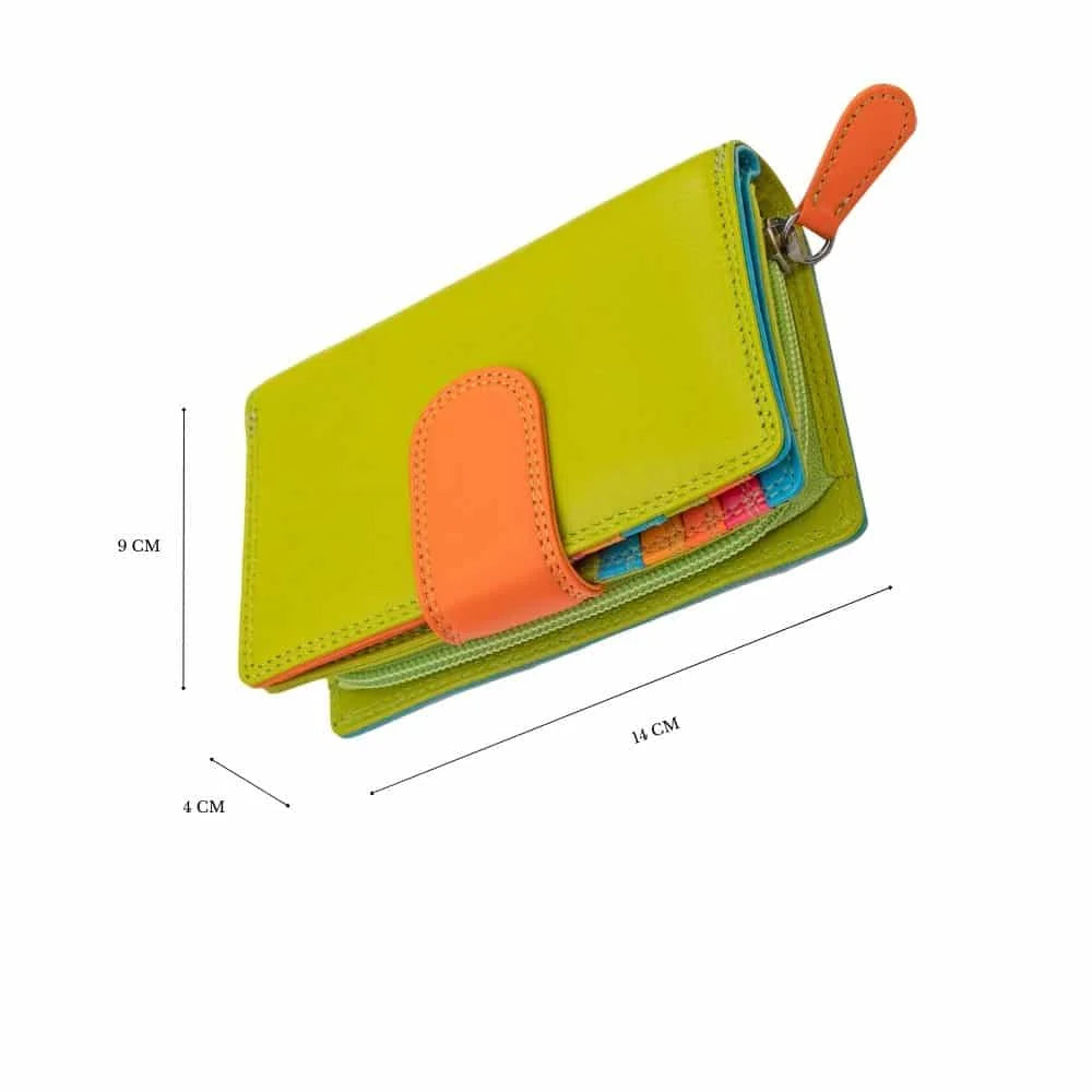 Lime Green – Orange Tab Fastener Bifold Multi Colour Purse Measurements 6080 London Collection