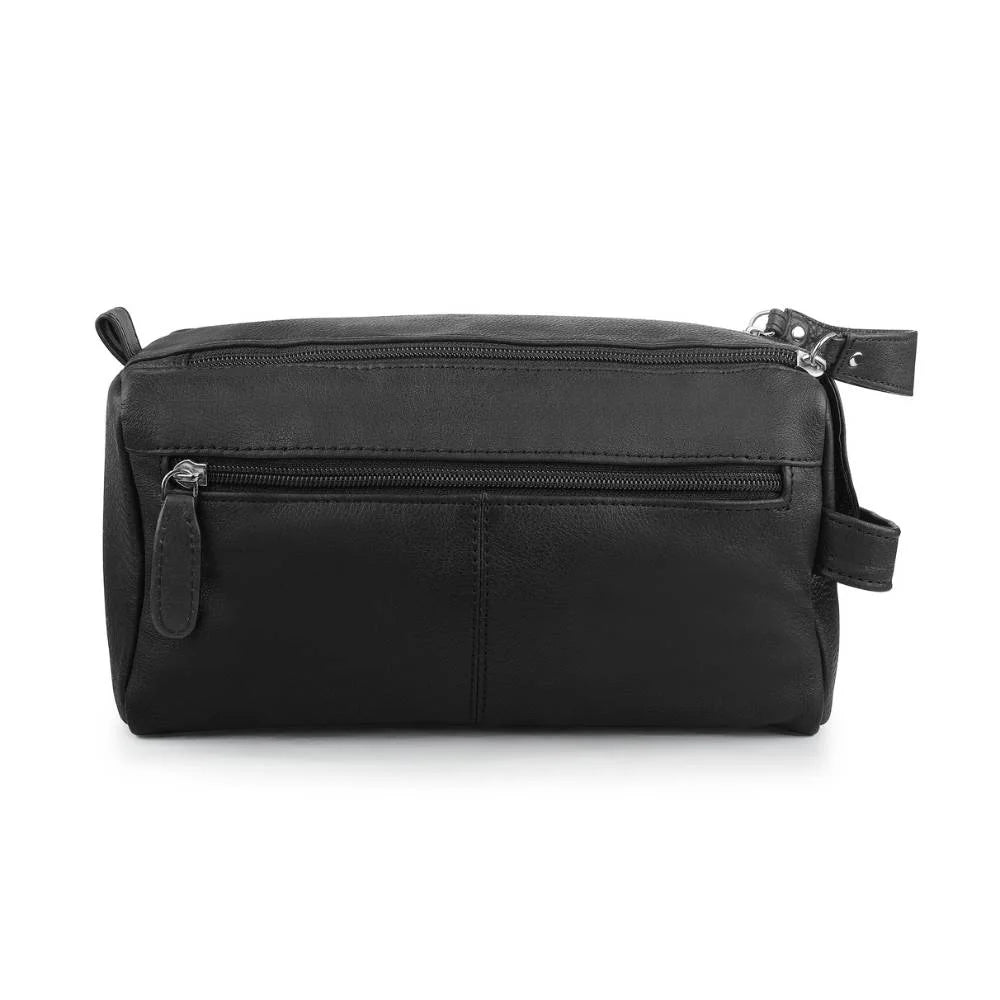 Leather Wash Bag with Double Zipper – Black 917