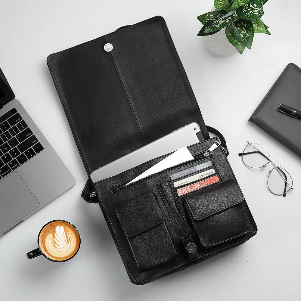 Open view of the black Large Organiser Bag displaying its interior compartments, including credit card slots and pen holders.