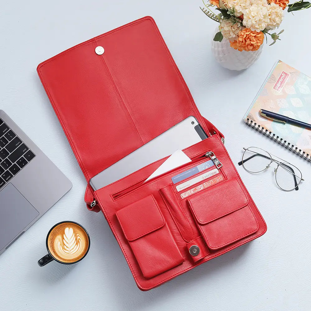 Open view of the red Large Organiser Bag displaying its interior compartments, including credit card slots and pen holders.