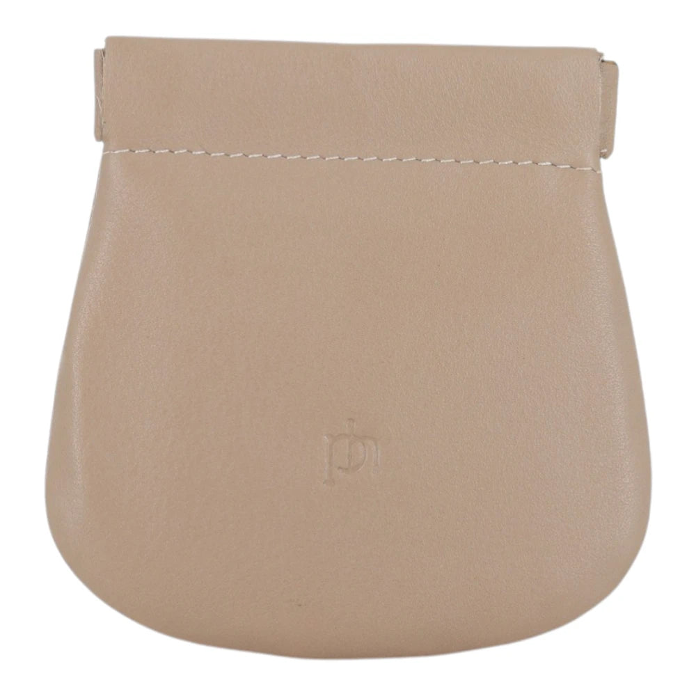 Front view of Taupe leather coin pouch on a white background