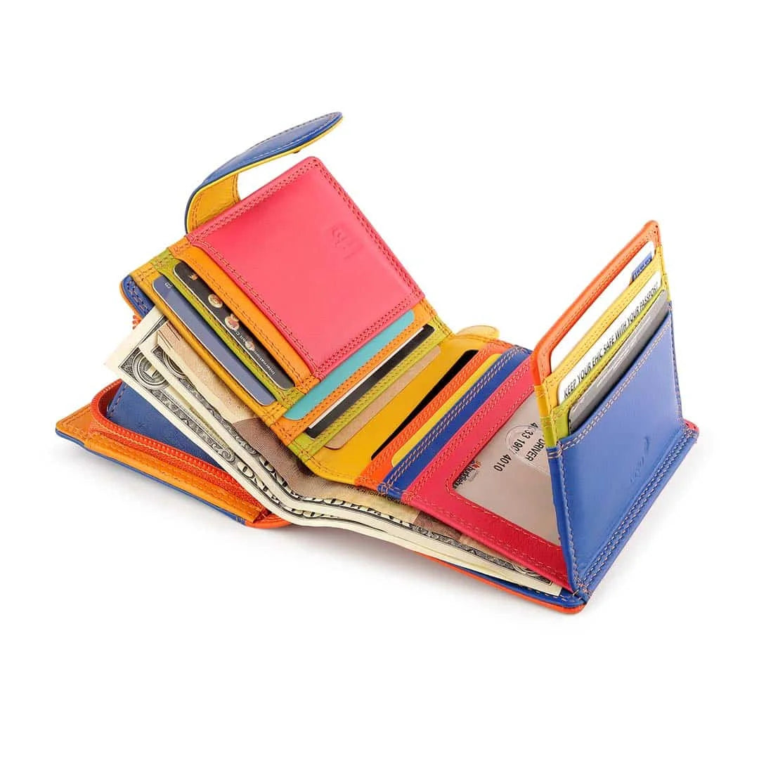 an orange wallet with a blue tab on a white background