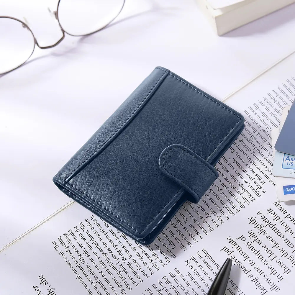 Genuine leather RFID card holder in navy