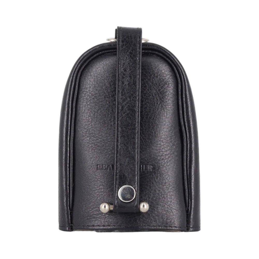 Front view of Black leather pouch with a strap on a white background