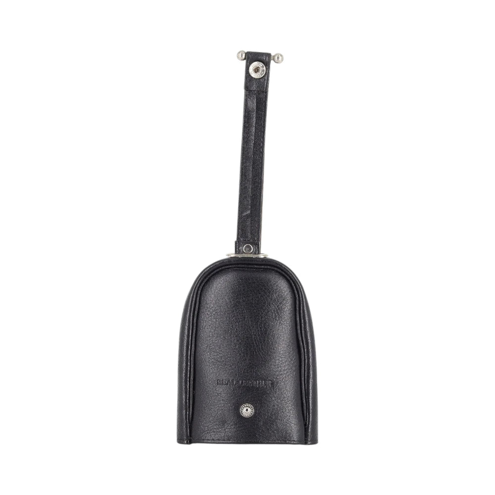 Black leather keyring with a strap on a white background