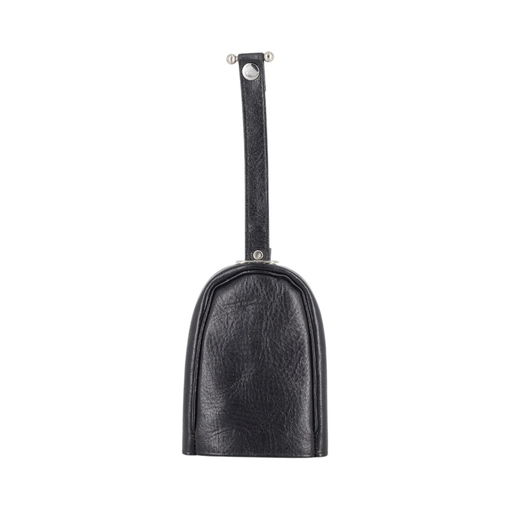 Black leather keyring with a strap on a white background