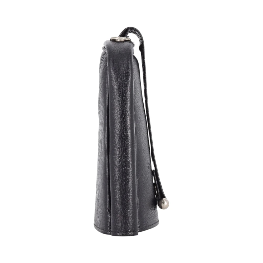 Black leather keyring with strap on a white background