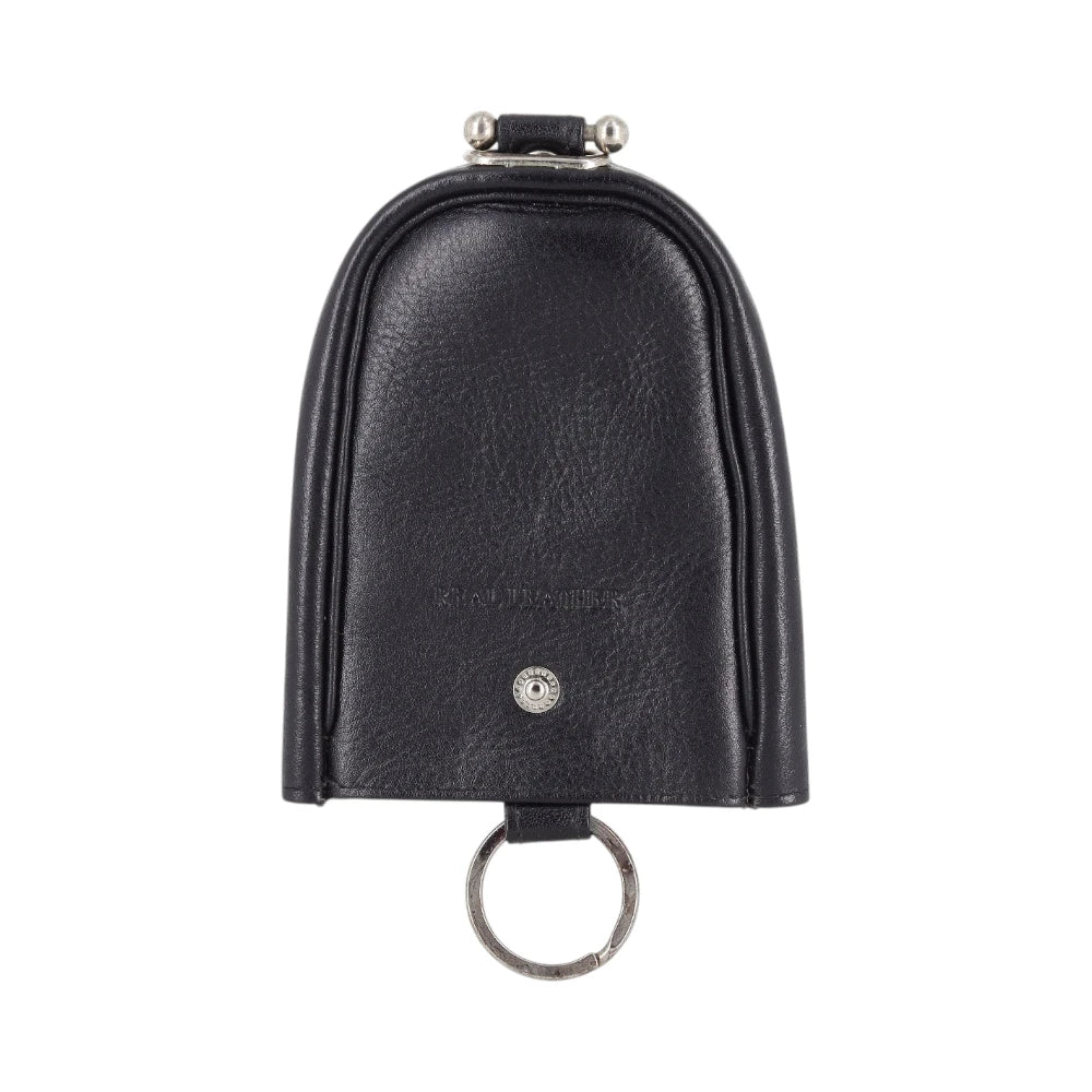 Black leather key case with a key ring on a white background