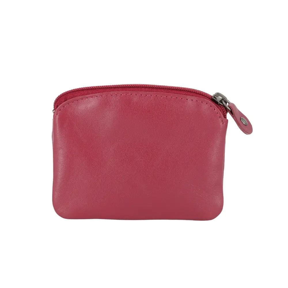 Back view of Berry  leather coin purse with a zipper on a white background