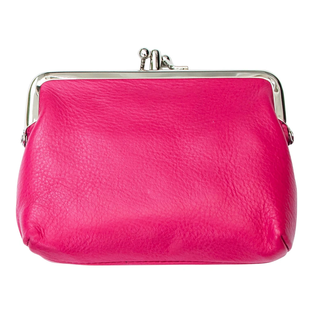 Berry leather purse with a silver clasp on a white background