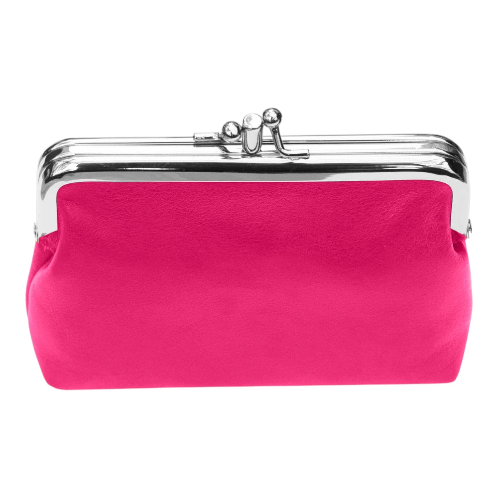Berry clutch bag with a silver clasp on a white background