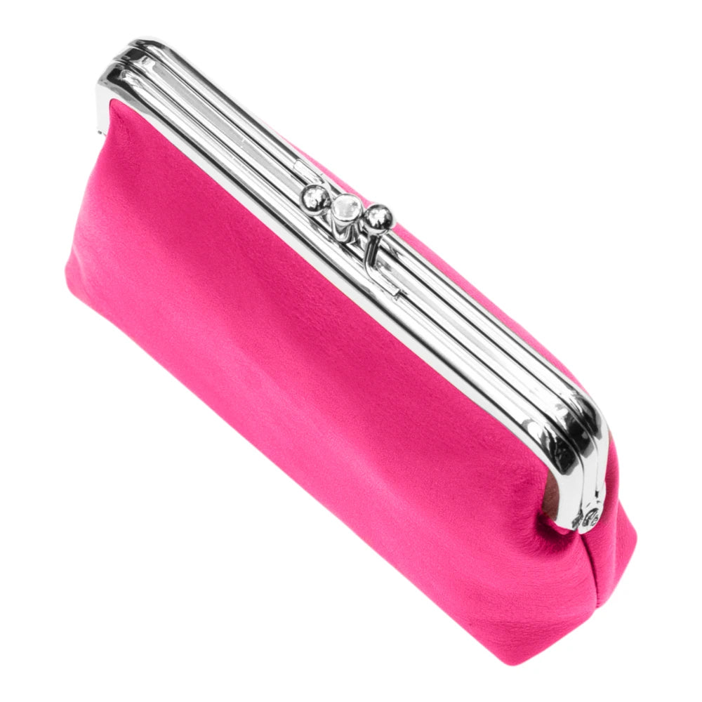 Berry clutch bag with a silver frame on a white background