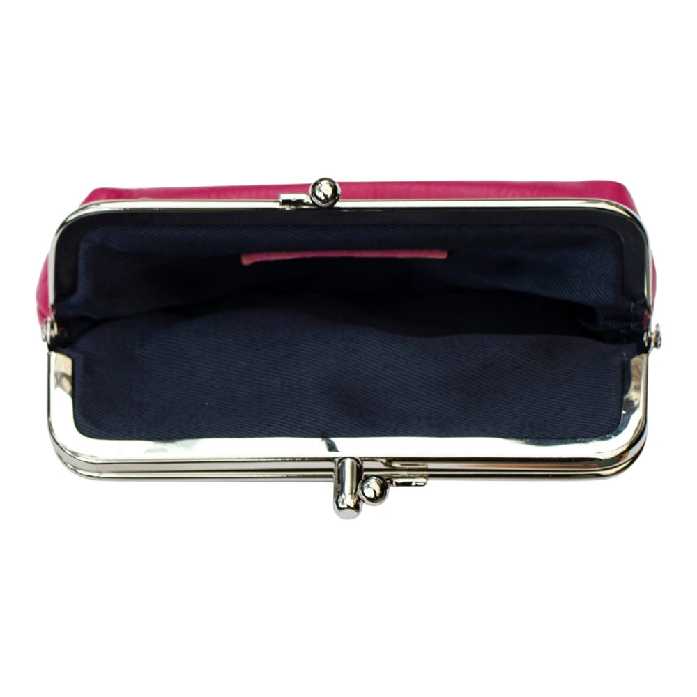 Open view of Berry clutch purse on a white background