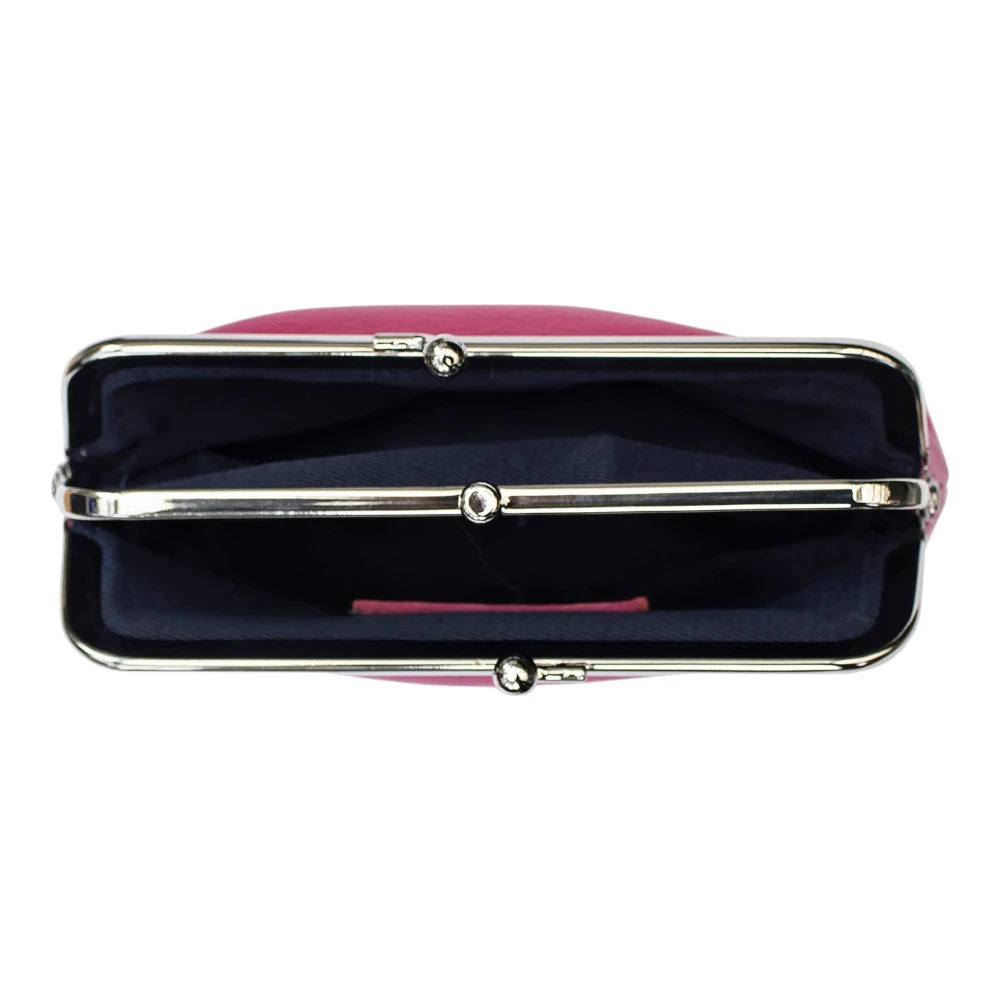 Berry handbag with a silver clasp on a white background