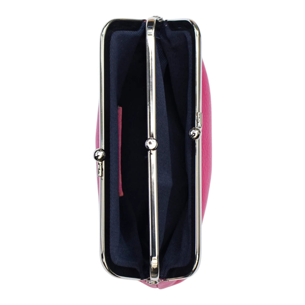 Berry clutch bag with a silver frame on a white background