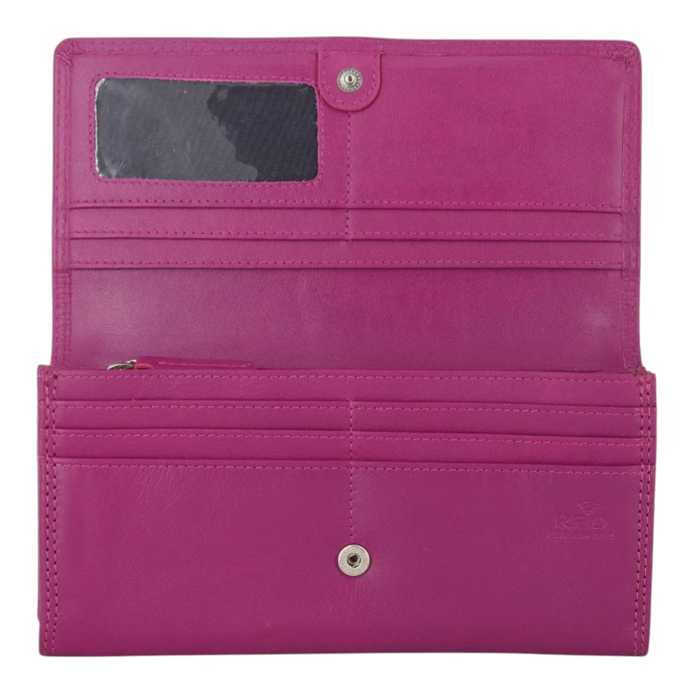 Open view of Berry Milli Martinee Purse with a clear window on a light gray background
