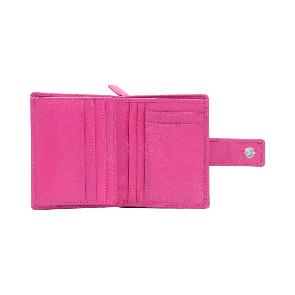 Open view of Berry leather purseon a white background