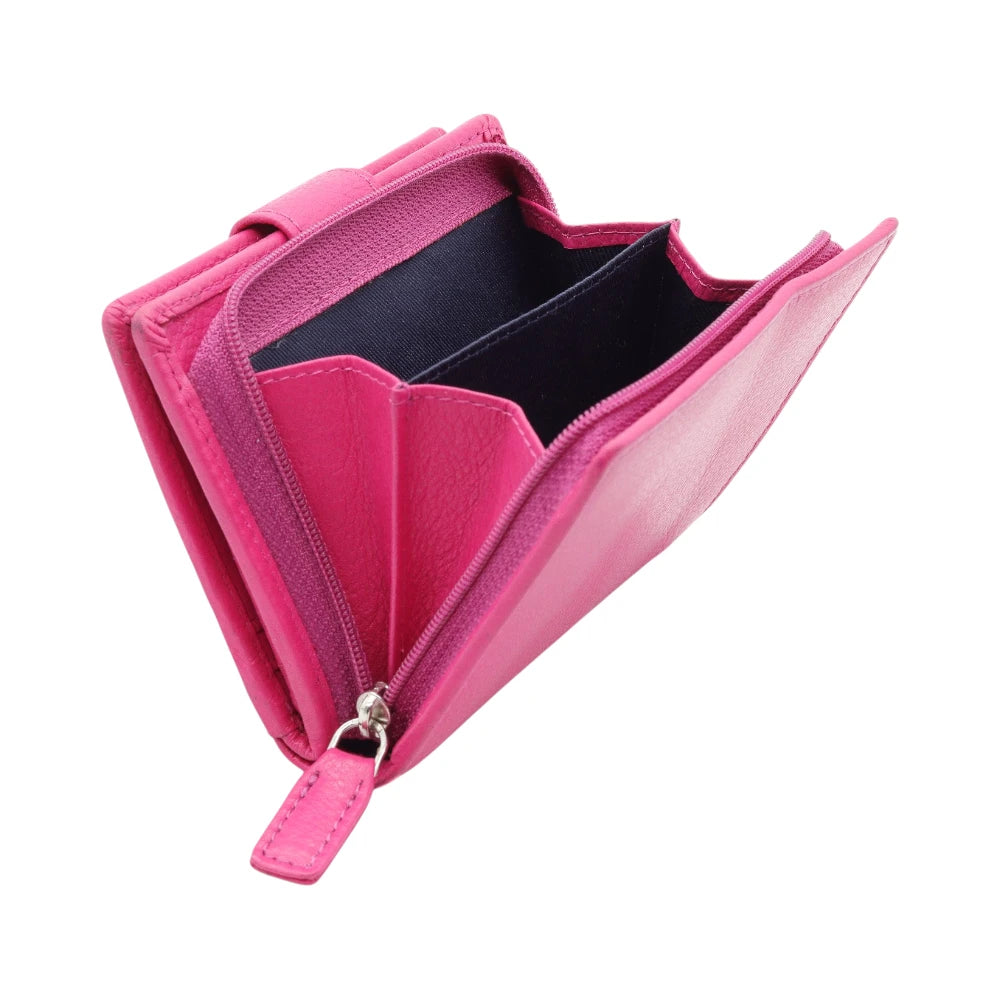 Inside view of Berry leather purse with a zipper on a white background
