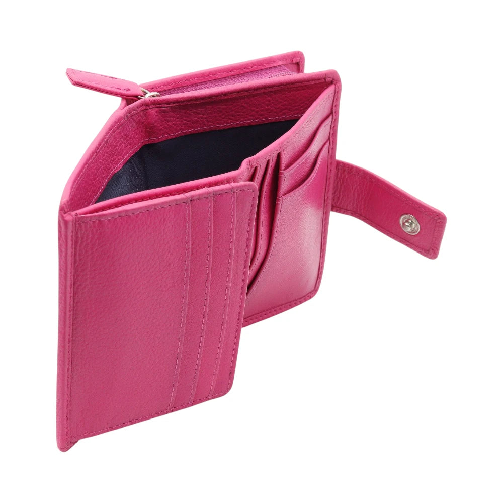 Open view of Berry leather purse on a white background