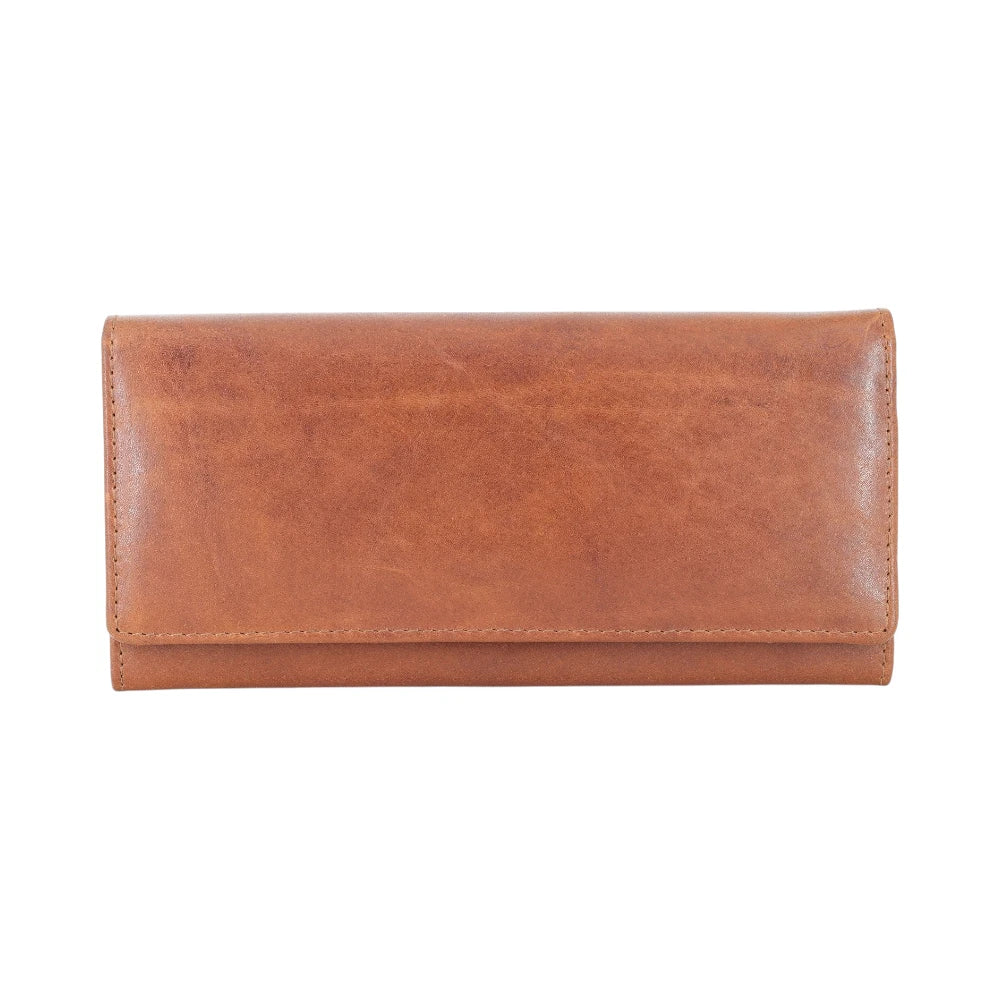 Front view of Cognac leather purse on a white background