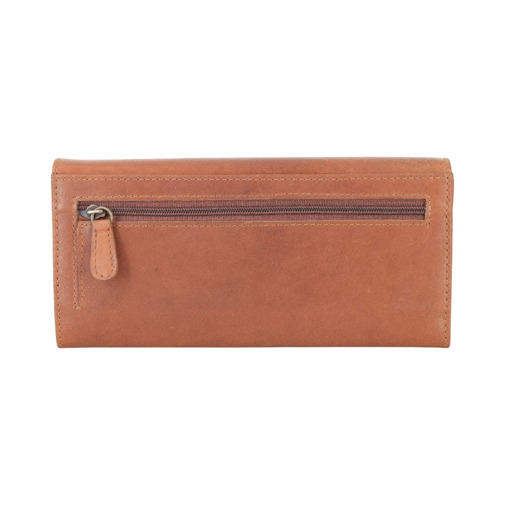 Front view of Cognac leather purse on a white background
