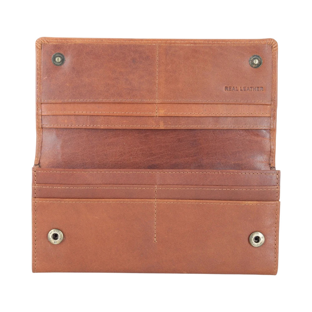 Open view of Cognac leather purse with visible stitching on a white background