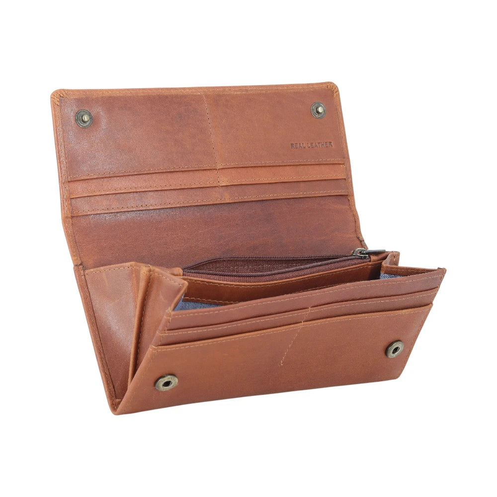 Cognac leather wallet with visible stitching on a white background