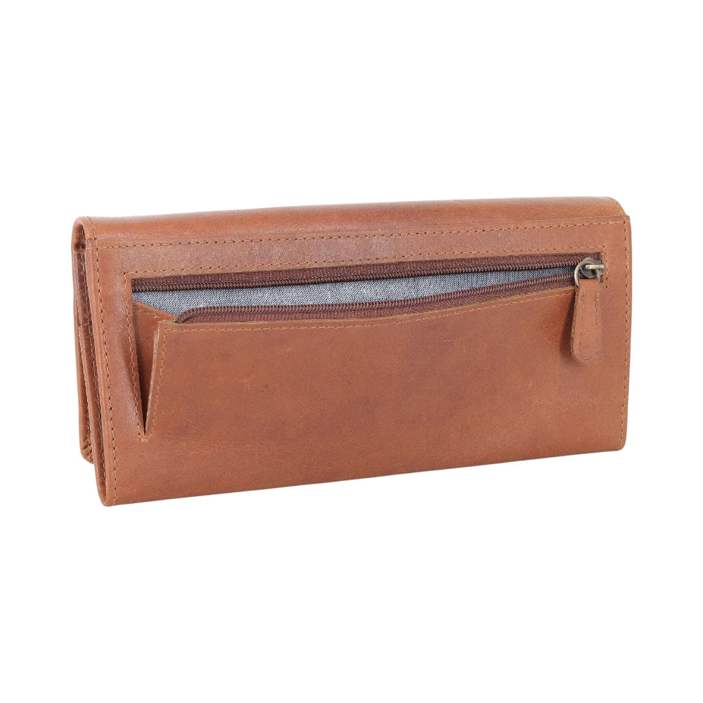 Cognac leather wallet with a zipper on a white background