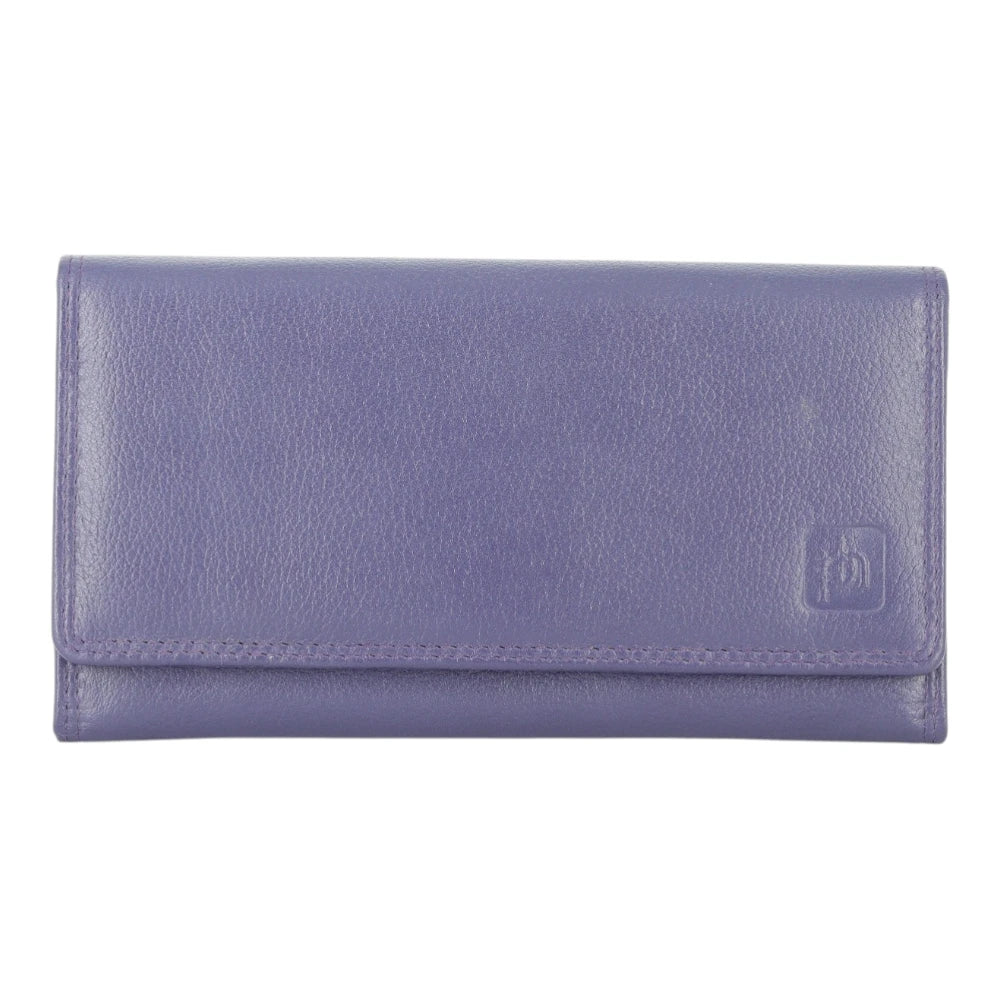 Front view of Purple purse with a visible brand logo on a white background