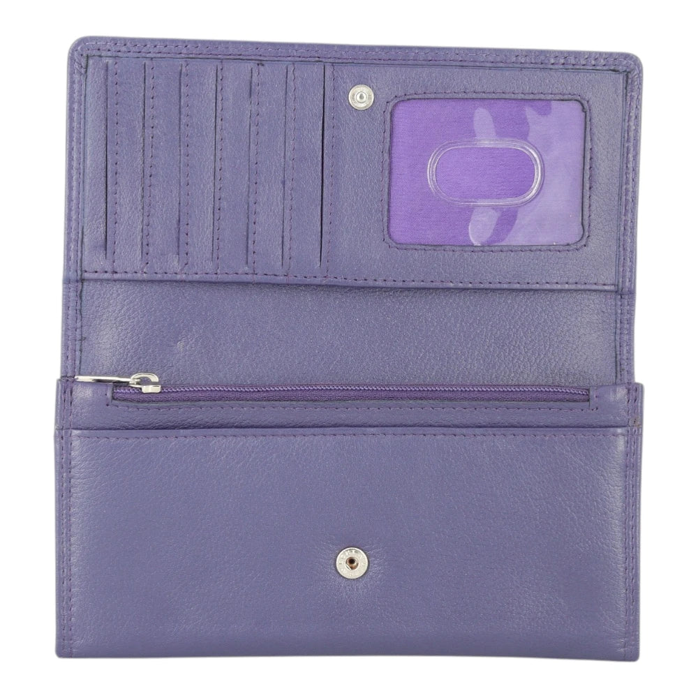 Purple purse with a card holder and zipper pocket on a white background